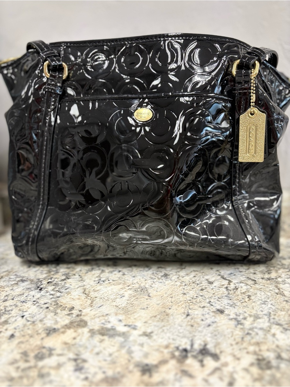 Coach Black Patent Leather Embossed Signature Shoulder Bag with Gold Hardware